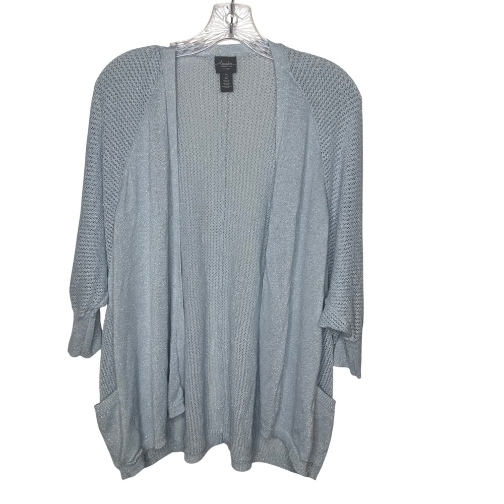 Travelers Collection by Chico's Light Blue Metallic Knit‎ Cardigan Size 2(L)